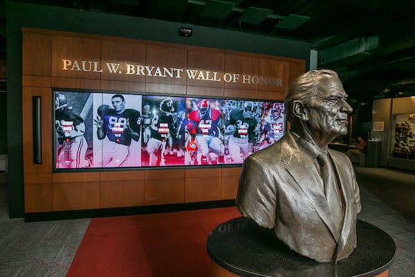 A bust of Paul Bryant stands at the front of the main exhibit floor at the Bryant Museum